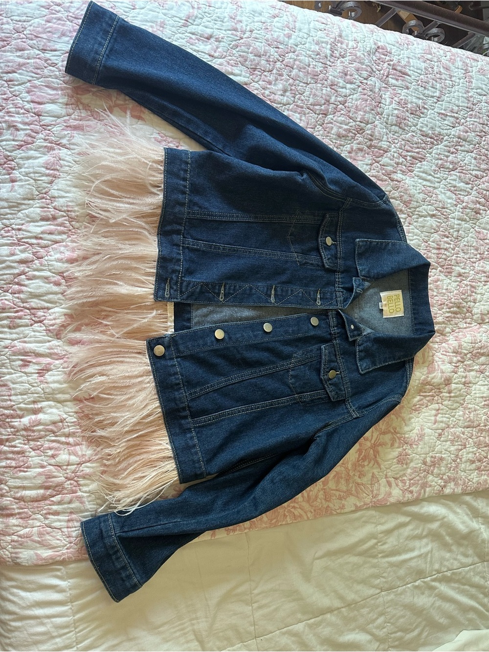 Dark Blue Denim Jacket with Pink Feather Hem - Women's Jean Jacket